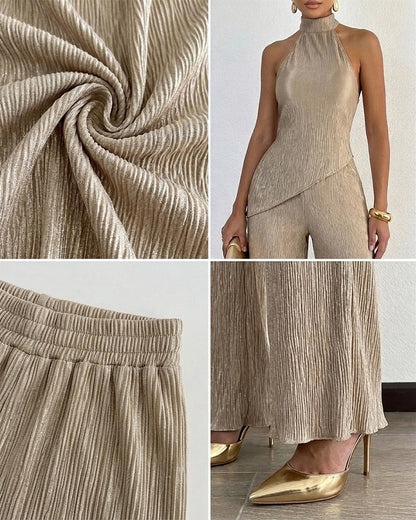 Women's Textured 2 Piece Outfits Halter Neck Backless Sleeveless Asymmetric Top and High Waist Wide Leg Pants Set