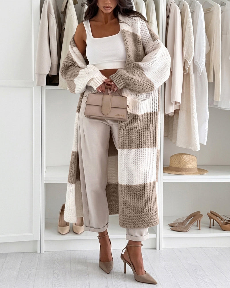 Women's Checkerboard Knit Cardigan Oversized Long Chunky Sweater Loose Lantern Sleeve Coat with Pockets
