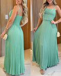 French Style Square Neck Adjustable Straps Backless Cami Maxi Dress Casual Cinched Waist Shirred Back Pleated Vacation Dress
