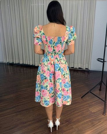 Women's Floral Sweetheart Neck Midi Dress Rhinestone Button Puff Sleeve Shirred A-Line Dress Pleated Vacation Dress