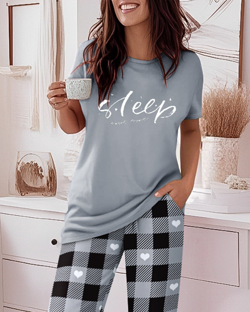 2 Pieces Outfit Cute Letter Print Short Sleeve T-shirt and Plaid Pants Set Loungewear