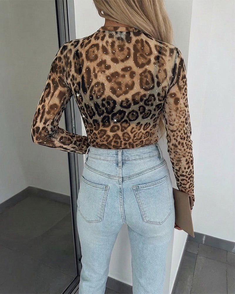 Women's Vintage Leopard Rhinestone Mesh Top Slim Fit Long Sleeve Tee with Thumb Holes