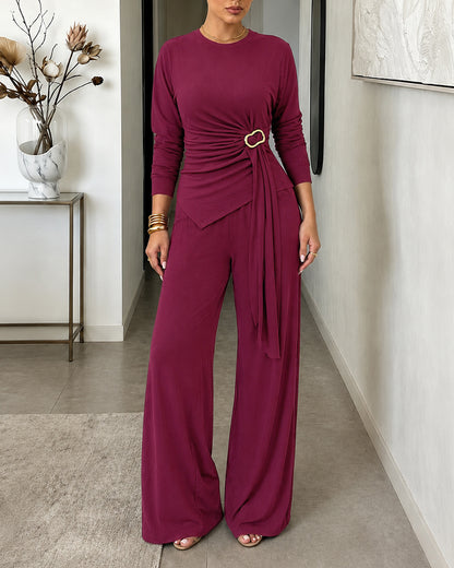 Women's 2 Piece Ribbed Knit Set Gold Buckle Asymmetric Long Sleeve Draped Top and Wide Leg Pants Set