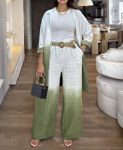 2 Pieces Outfit Ombre Print Long Sleeve Blouse And Casual High Waist Wide Leg Pants Set (Without Belt)