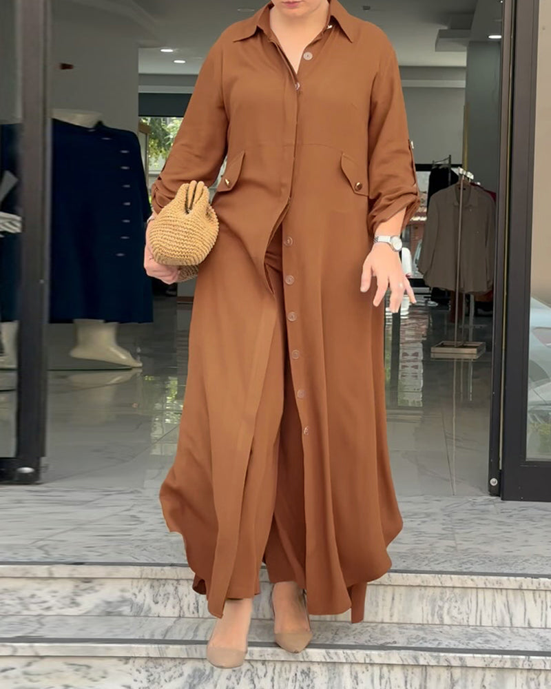 2 Pieces Outfit Turn down Collar Turn Up Sleeves Button Front Asymmetrical Hem Longline Blouse Casual Elastic Waist Wide Leg Pants Set