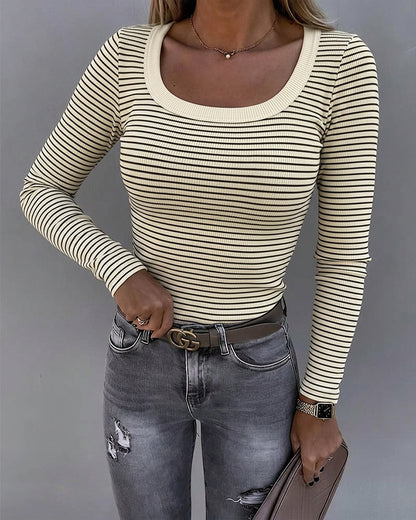 Women's Striped U-Neck Long Sleeve Slim Fit Ribbed Knit Top Casual Layering Top
