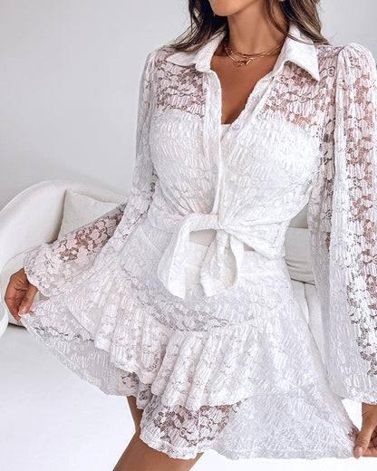 2 Pieces Outfit Turn-down Collar Lantern Sleeve Button Front Sheer Top and Elastic Waist Double Layer Ruffle Hem Skirt Set Casual Jacquard Floral Lace Skort Set