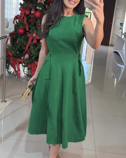 Sleeveless Buckle Side Zipper Back Mid-length Dress Casual Cinched Waist A Line Dress