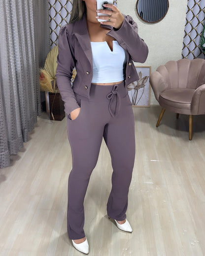 Women's 2 Piece Blazer Set Cropped Double Breasted Coat and Drawstring Pants