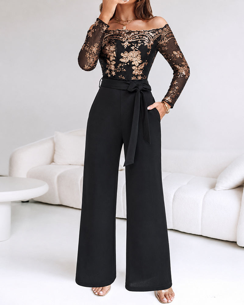 Women's Off Shoulder Gold Sequin Floral Jumpsuit Elegant Mesh Spliced Straight Leg Evening Jumpsuit with Belt