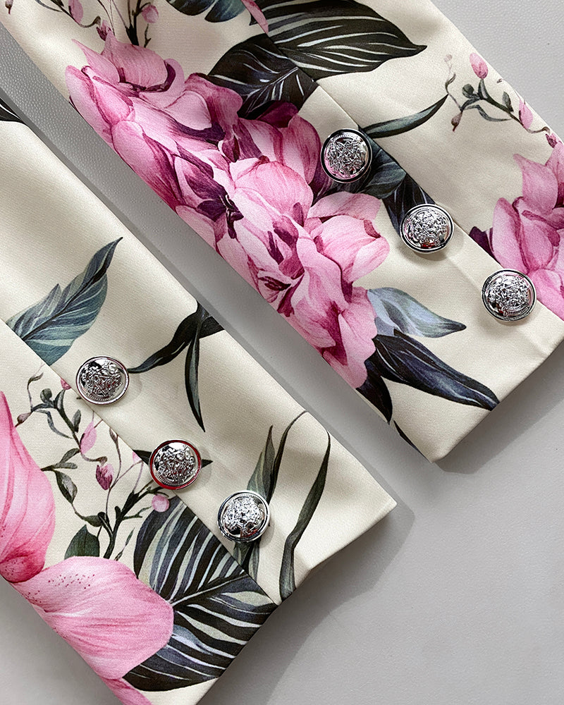 2 Pieces Outfit Notched Collar Double Breasted Crop Blazer and Elastic Back Waist Side Zipper Asymmetrical Hem Skort Set Casual Floral Print Commuting Set