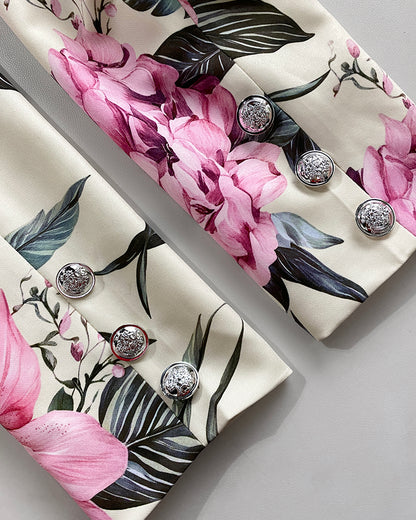 2 Pieces Outfit Notched Collar Double Breasted Crop Blazer and Elastic Back Waist Side Zipper Asymmetrical Hem Skort Set Casual Floral Print Commuting Set