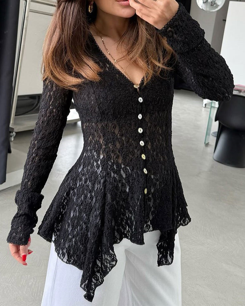 Lace Trim V Neck Button Front Blouse Elegant Asymmetrical Ruffle Hem Top
