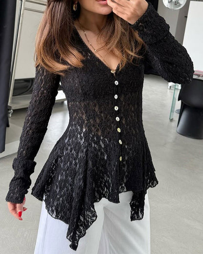 Lace Trim V Neck Button Front Blouse Elegant Asymmetrical Ruffle Hem Top