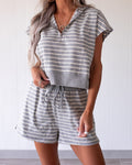 Women's Striped 2 Piece Outfits Half Zip Hooded Crop Top and High Waisted Drawstring Shorts Casual Tracksuit Set