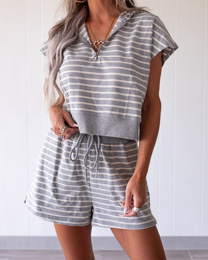 Women's Striped 2 Piece Outfits Half Zip Hooded Crop Top and High Waisted Drawstring Shorts Casual Tracksuit Set