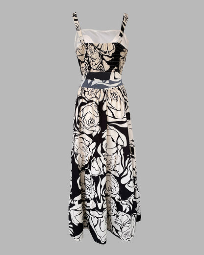 Floral Print Adjustable Straps Cutout Waist Shirred Backless Maxi Dress Casual Elastic Back Waist Ruffle Hem Vacation Dress