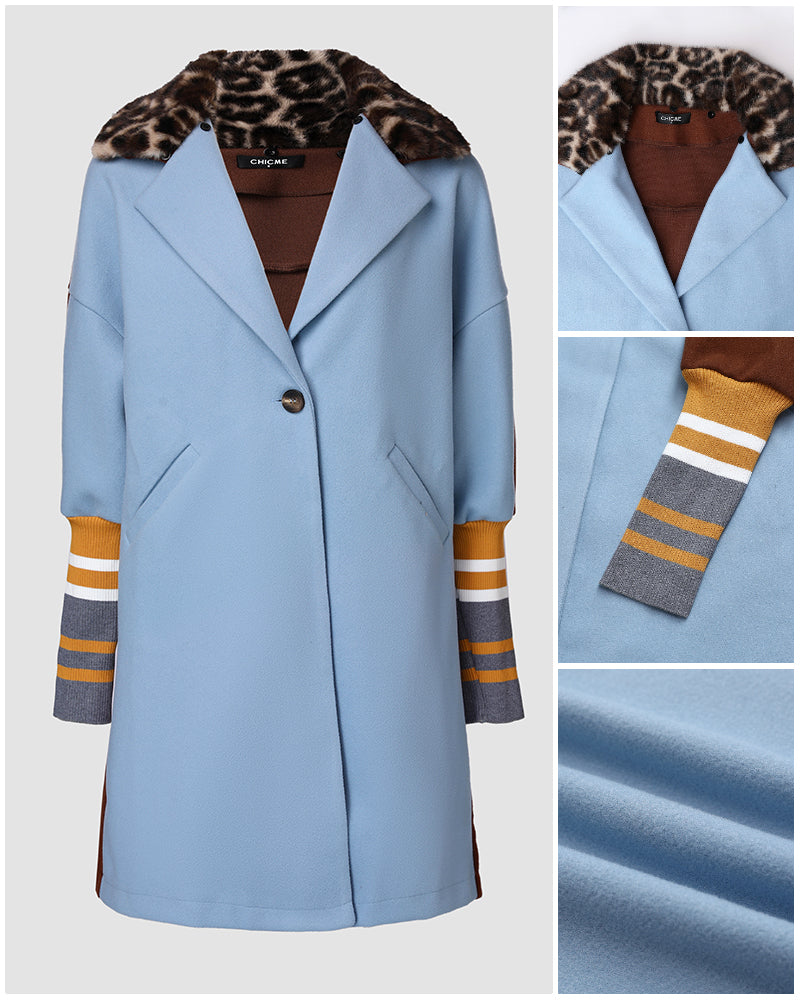 Color Block Long Trench Coat Single Breasted Detachable Fuzzy Leopard Pattern Lapel Overcoat
