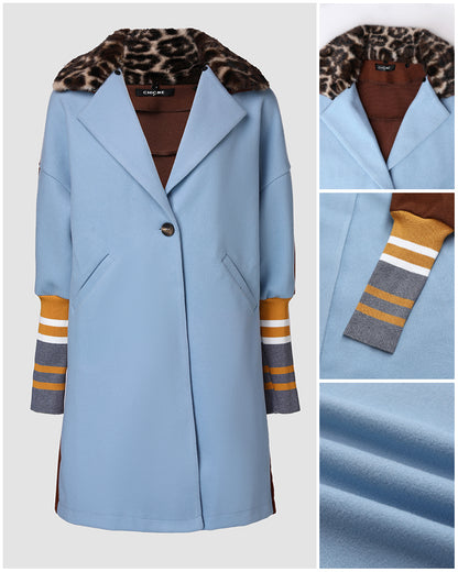 Color Block Long Trench Coat Single Breasted Detachable Fuzzy Leopard Pattern Lapel Overcoat