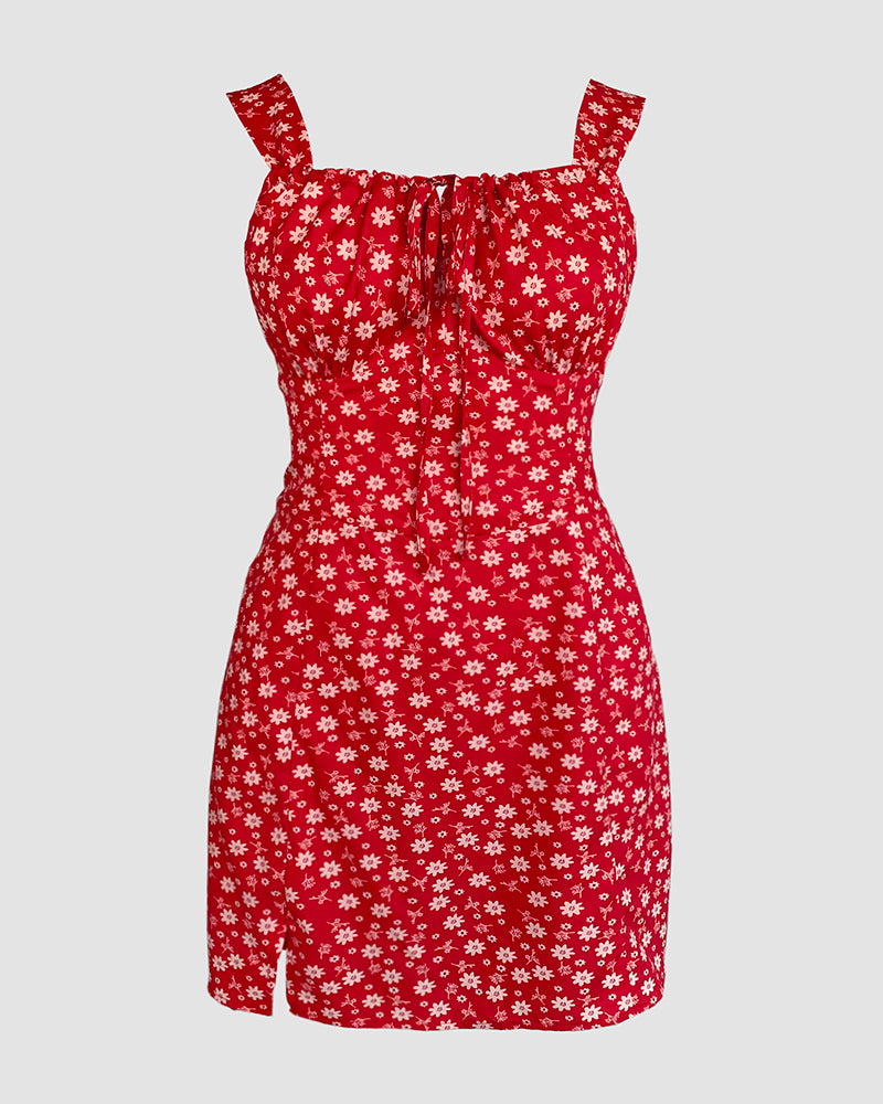 Floral Print Square Neck Thick Strap Tied Detail Romper Casual Shirred Lace-up Back Slit Skort Romper