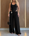 Women's 2 Piece Outfits Sleeveless Slim Fit Bodysuit and Rhinestone High Waist Ruched Wide Leg Pants Set