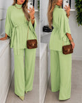 Women's Ribbed Knit 2 Piece Outfit Mock Neck Batwing Sleeve Tie Waist Top and High Waisted Straight Leg Pants Set