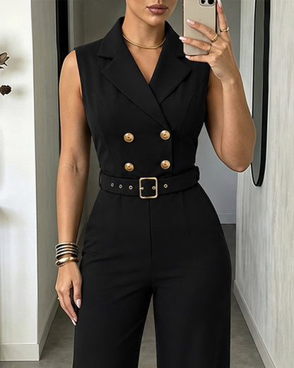 Women's Sleeveless High Waist Blazer Jumpsuit Elegant Double Breasted Wide Leg Overalls with Belt