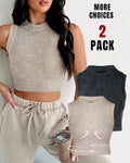 2-Pack Women's Washed Knit Tank Top Ribbed Sleeveless O-neck Cropped Tee Retro Casual Layering Top