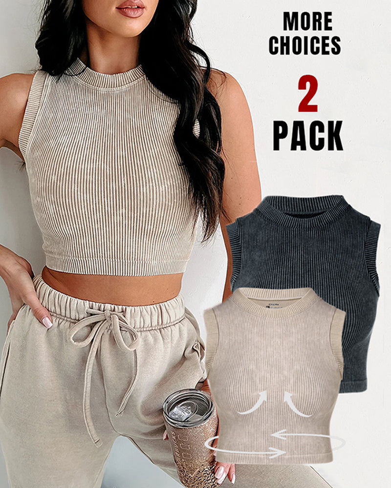 2-Pack Women's Washed Knit Tank Top Ribbed Sleeveless O-neck Cropped Tee Retro Casual Layering Top