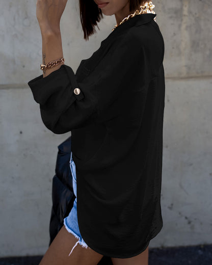 Metal Chain Decor Turn-down Collar Turn-Up Sleeves Front Button Shirt Casual Backless Asymmetrical Hem Top