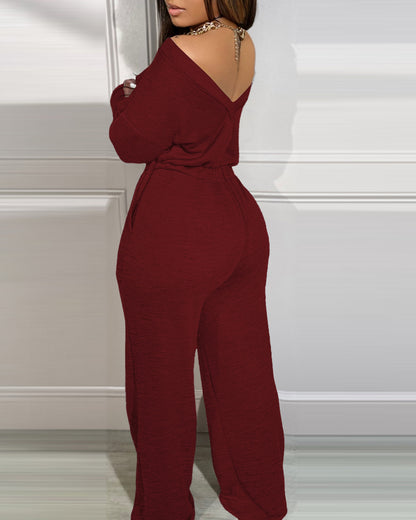 Off Shoulder V Back Elastic Waist Pockets Design Jumpsuit Casual Drop Shoulder Cinched Waist Wide Leg Jumpsuit