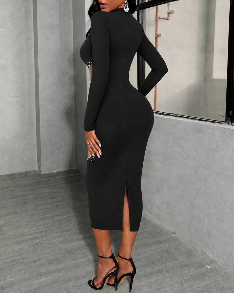 Women's Rhinestone Sheer Mesh Patchwork Long Sleeve Midi Dress Mock Neck Slit Dress