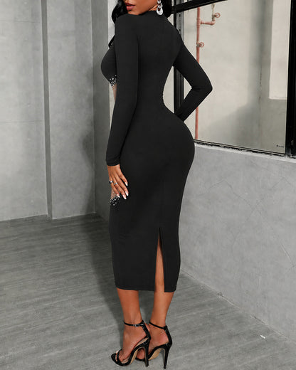 Women's Rhinestone Sheer Mesh Patchwork Long Sleeve Midi Dress Mock Neck Slit Dress