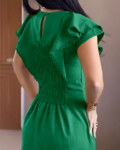 Butterfly Sleeve Hollow-out Back Shirred Work Dress Casual Cinched Waist Lace Trim Ruffle Hem Dress