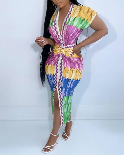 Multi-color Print Deep V-Neck Front Slit Dress Casual Twist Front Cinched Waist Vacation Dress