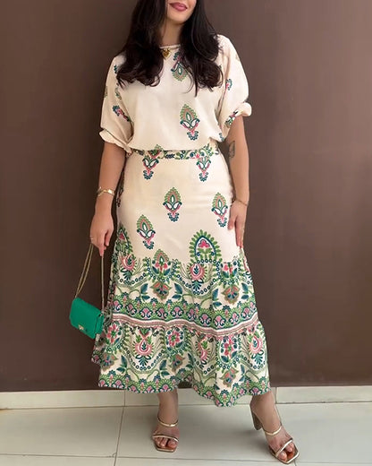 2 Pieces Outfit Tribal Print Short Sleeve Top and Casual Ruffles Hem Skirt Set