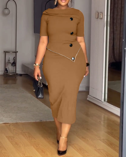 Single Breasted Decor Asymmetrical Layered Neck Slit Back Faux Two-Piece Dress Zipper Back Contrast Piping Trim Commuting Dress