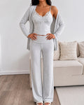 Women's 3 Piece Outfits Lace Cami Top and Long Sleeve Cardigan and Straight Leg Pants Set Casual Lounge Sleepwear Suits