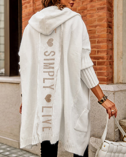 Letter Heart Pattern Long Cardigans Knitted Open Front Oversized Hooded Outerwear Sweater Coat