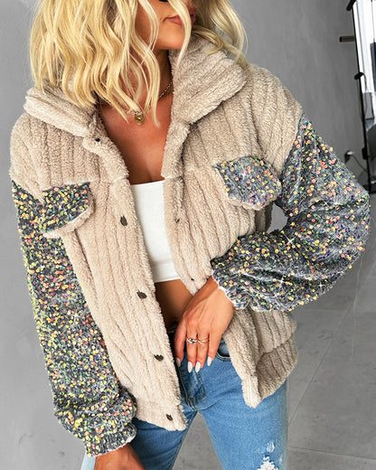 Turn-down Collar Sequin Patch Teddy Jacket