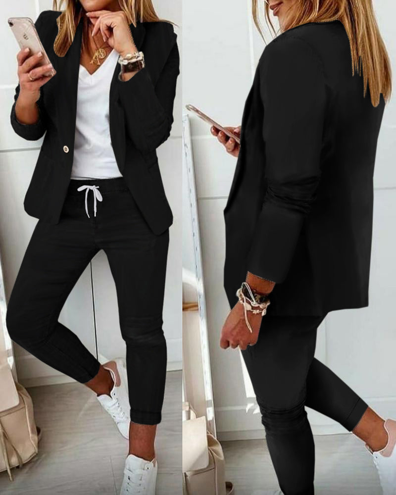2 Pieces Outfit Shawl Collar Single Breasted Pockets Design Blazer Coat And Drawstring Elastic Waist Slim Fit Pants Set