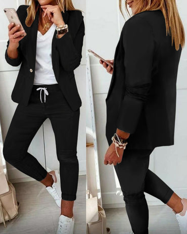 2 Pieces Outfit Shawl Collar Single Breasted Pockets Design Blazer Coat And Drawstring Elastic Waist Slim Fit Pants Set