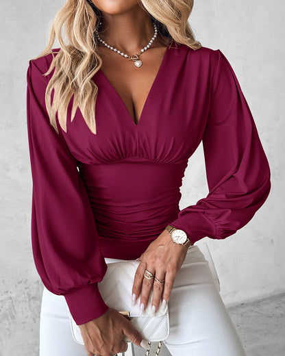 Deep V-Neck Lantern Sleeve Ruched Blouse Casual Slim Fit Top