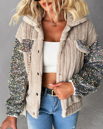 Turn-down Collar Sequin Patch Teddy Jacket