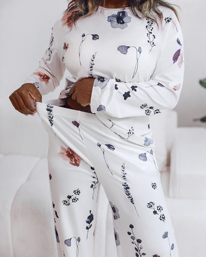 2 Pieces Outfit Floral Print Long Sleeve Drop Shoulder Top and Elastic Waist Pants Sets Casual Pajamas Set
