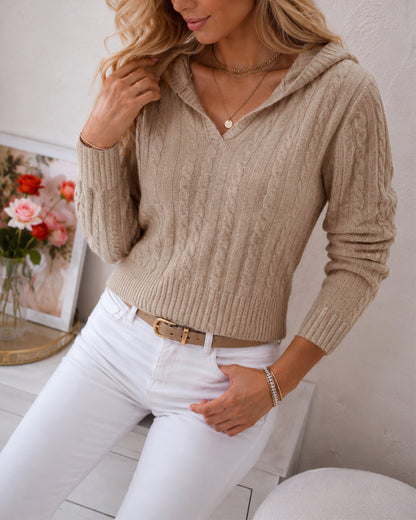 Women's Cable Knit Hooded Sweater V Neck Long Sleeve Pullover Top