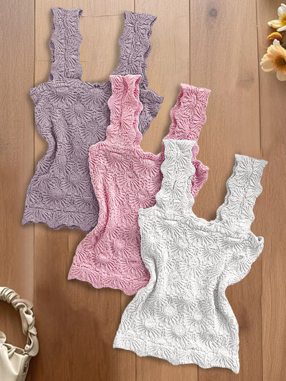 3-Pack Wide Strap Tank Tops Lettuce Trim Cami Tops with Floral Jacquard