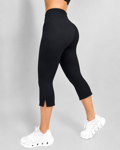 Women's High Waisted Capri Leggings Side Slit Stretchy Slim Fit Workout Pants