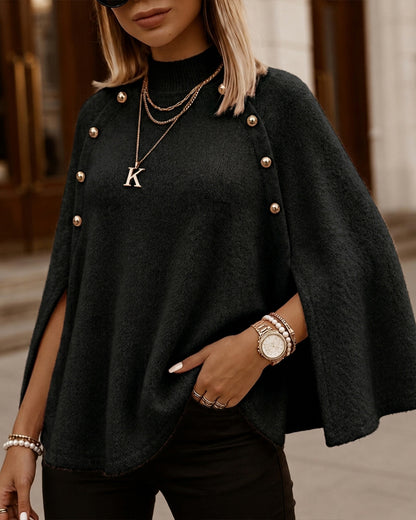 Suéter de punto holgado para mujer con cuello alto simulado, estilo «old money», capa, abertura lateral y mangas murciélago, cálido y acogedor para invierno