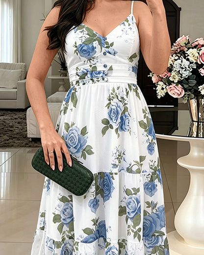 Women's Floral Print Maxi Dress Ruffle Hem Cami Dress V Neck Shirred Summer Vacation Boho Long Dress with Built-In Bra